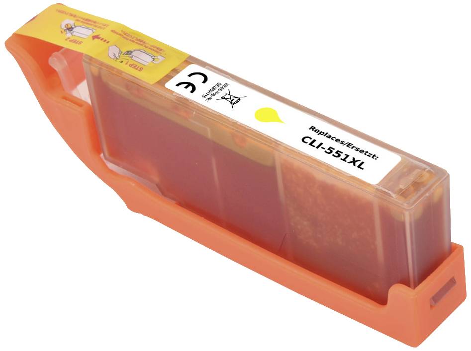 Cartouche d'encre jaune CLI-551XL avec boîtier de couleur orange, étiquette portant les mentions « Replace/Reset » et « CLI-551XL », marquage CE visible.