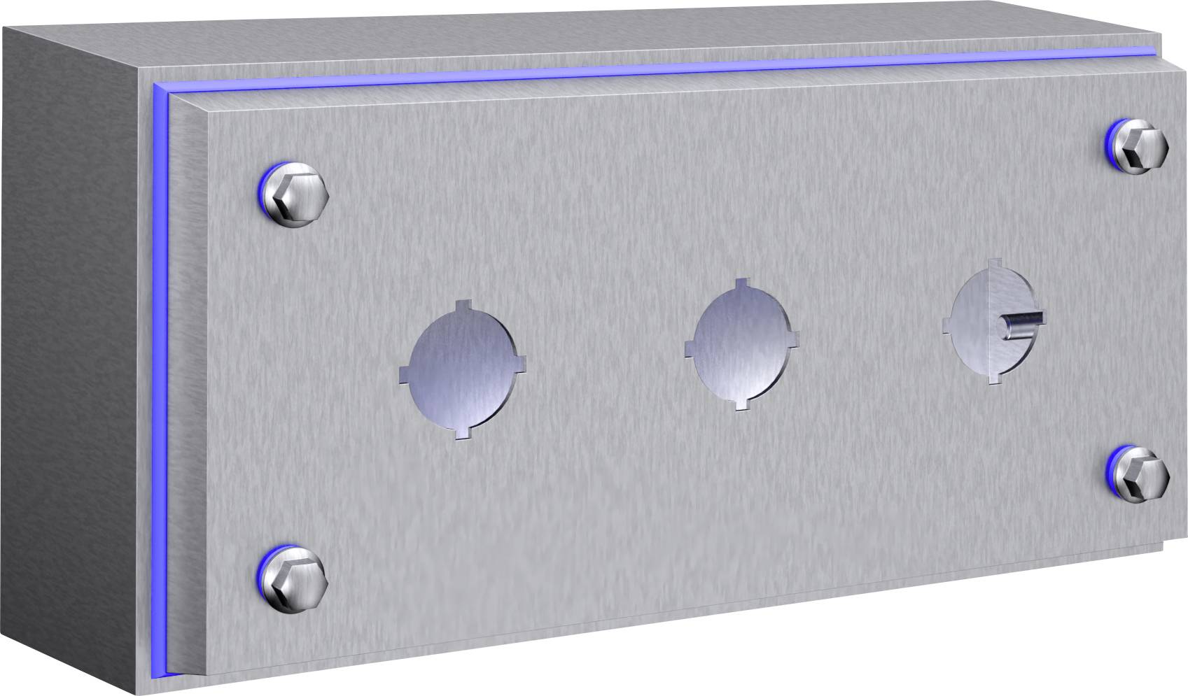 Un panneau mural rectangulaire en métal avec trois emplacements circulaires et un éclairage LED bleu sur les bords, adapté aux applications industrielles.