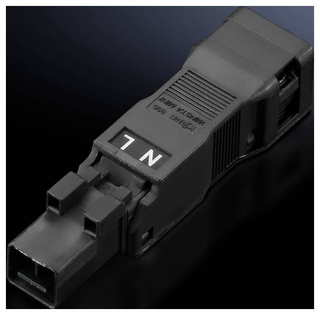 Un module de connexion électrique noir avec l'étiquetage 'N' et 'L' sur une surface sombre.