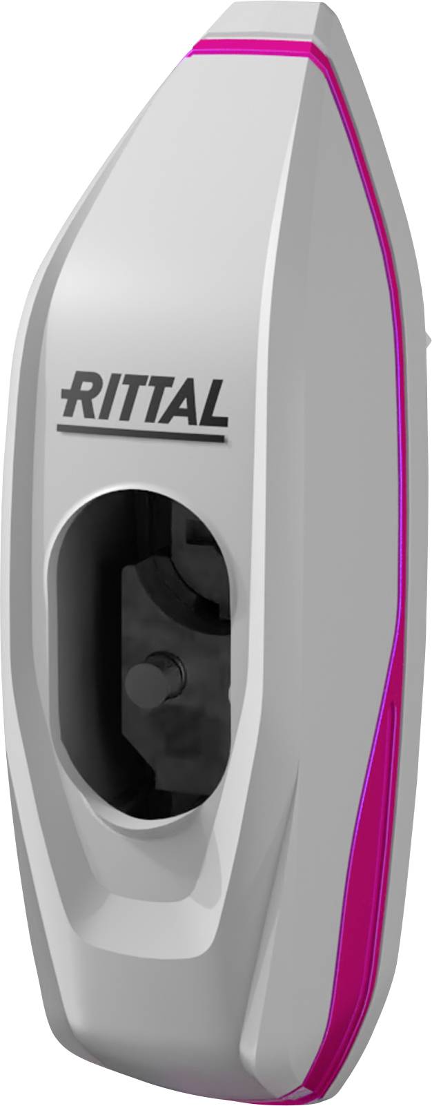 Appareil ergonomique gris avec un accent rose, vue latérale sur le bouton d'ouverture. Le logo de la marque 'RITTAL' est visible.