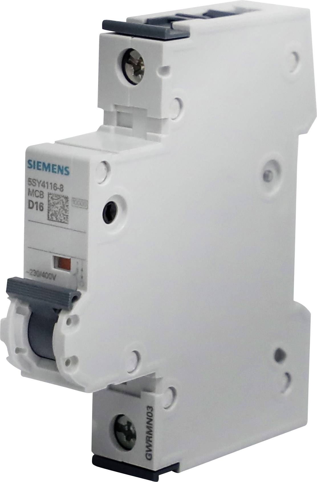 Disjoncteur Siemens modèle 5SY4116-8, MCB, D16. Forme rectangulaire blanche, adapté pour une utilisation dans les circuits électriques.