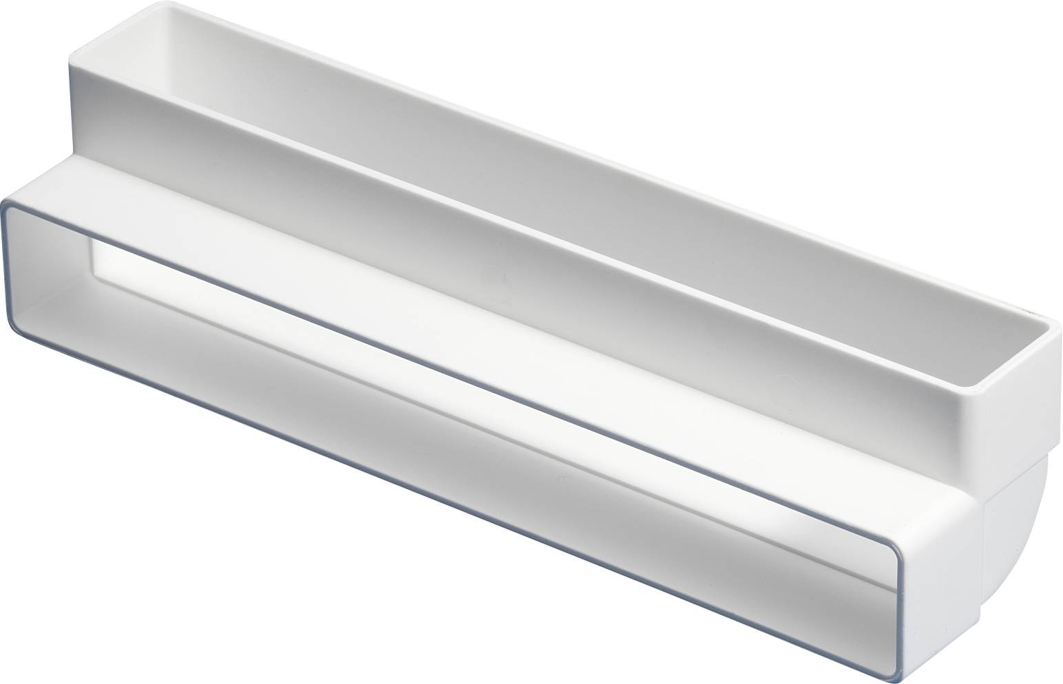 Un récipient rectangulaire blanc en plastique avec un compartiment supérieur ouvert et des ouvertures sur les côtés. Usage indéterminé.