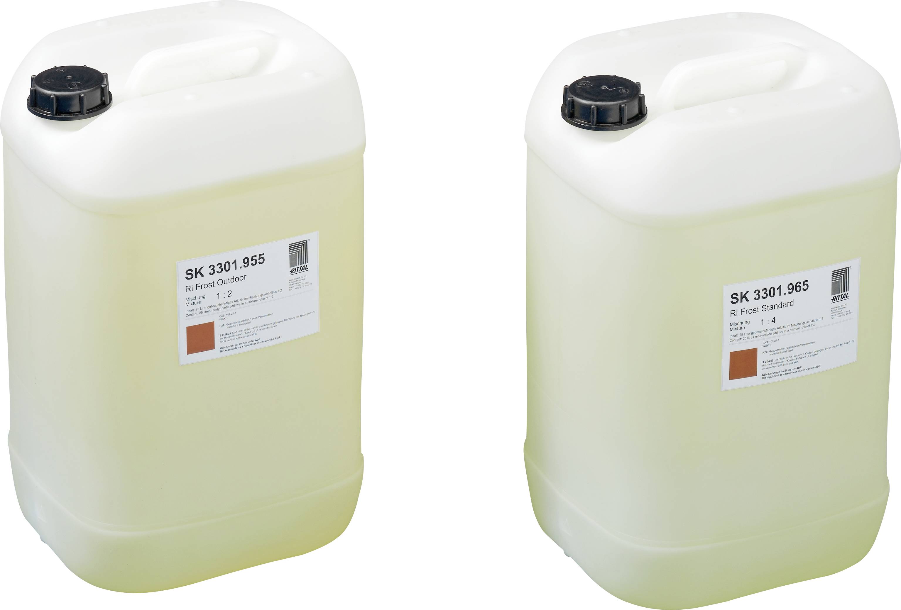 Deux bidons en plastique blanc avec couvercle noir, chacun portant des étiquettes indiquant 'SK 3301.955 R Flex 1 à 2' et 'SK 3301.965 R Flex Standard'.