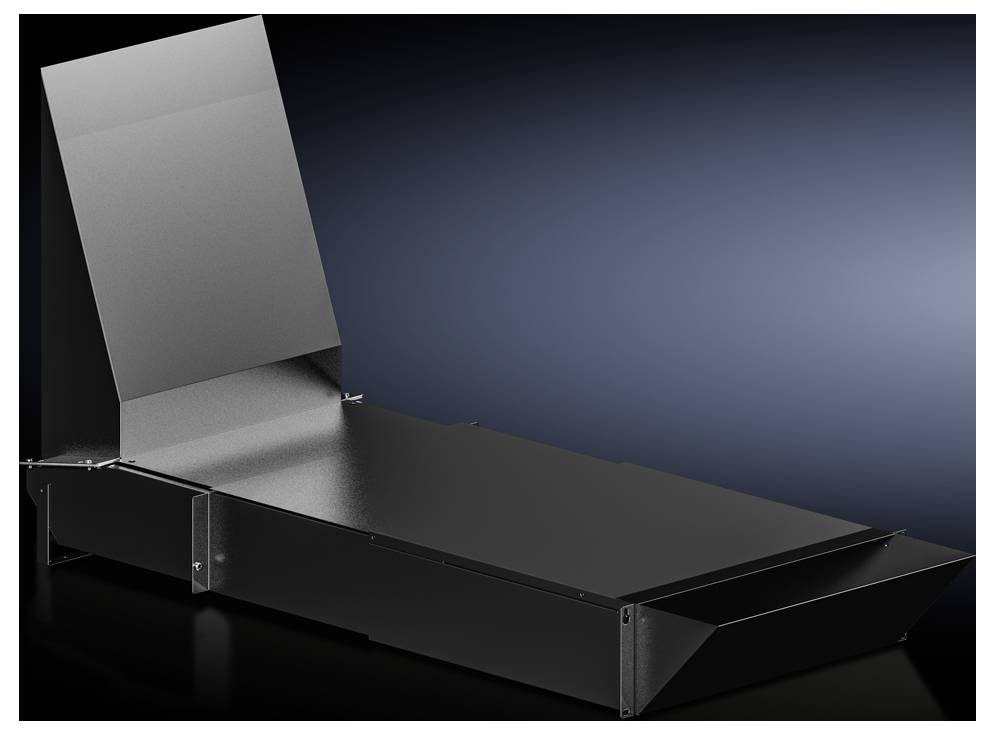 Un canal métallique noir et rectangulaire avec un volet vertical, sur un fond sombre.