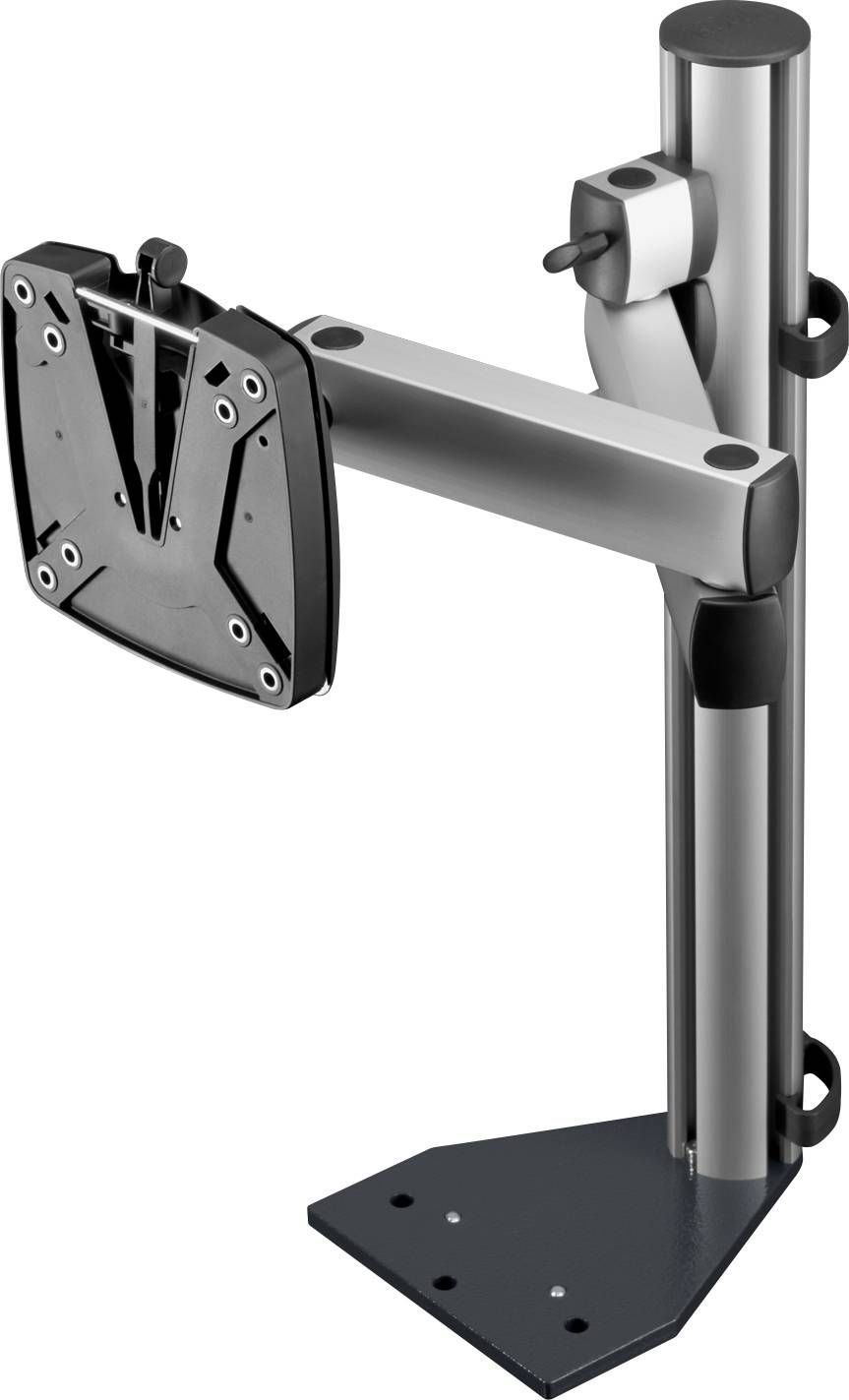 Support de moniteur en métal avec des articulations flexibles pour fixation sur des bureaux. Idéal pour un positionnement ergonomique de l'écran.