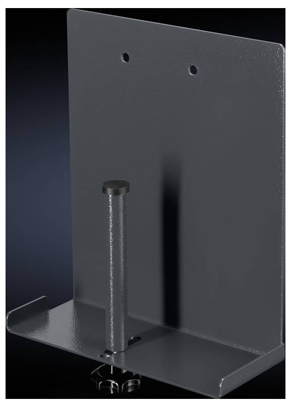 Support métallique peint en noir avec deux trous en haut et une tige verticale sur la plaque de base, sur un fond sombre.