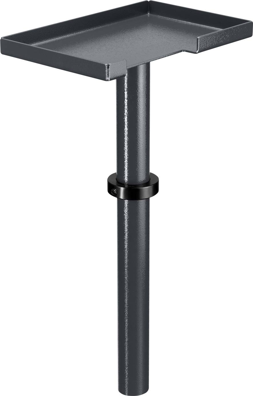 Un support stable, noir et métallique avec une surface rectangulaire de rangement, probablement adapté aux outils ou aux équipements techniques.