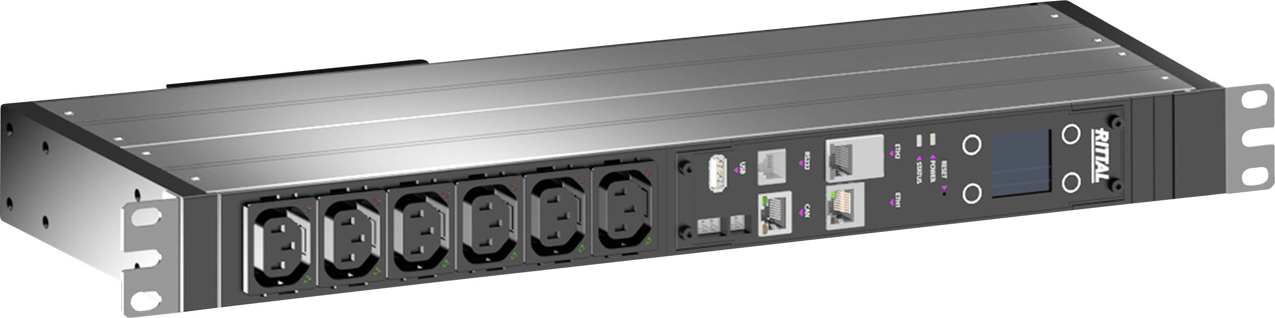 Un PDU (Power Distribution Unit) argenté en rack avec plusieurs prises et interfaces réseau pour la distribution d'énergie dans les centres de données.