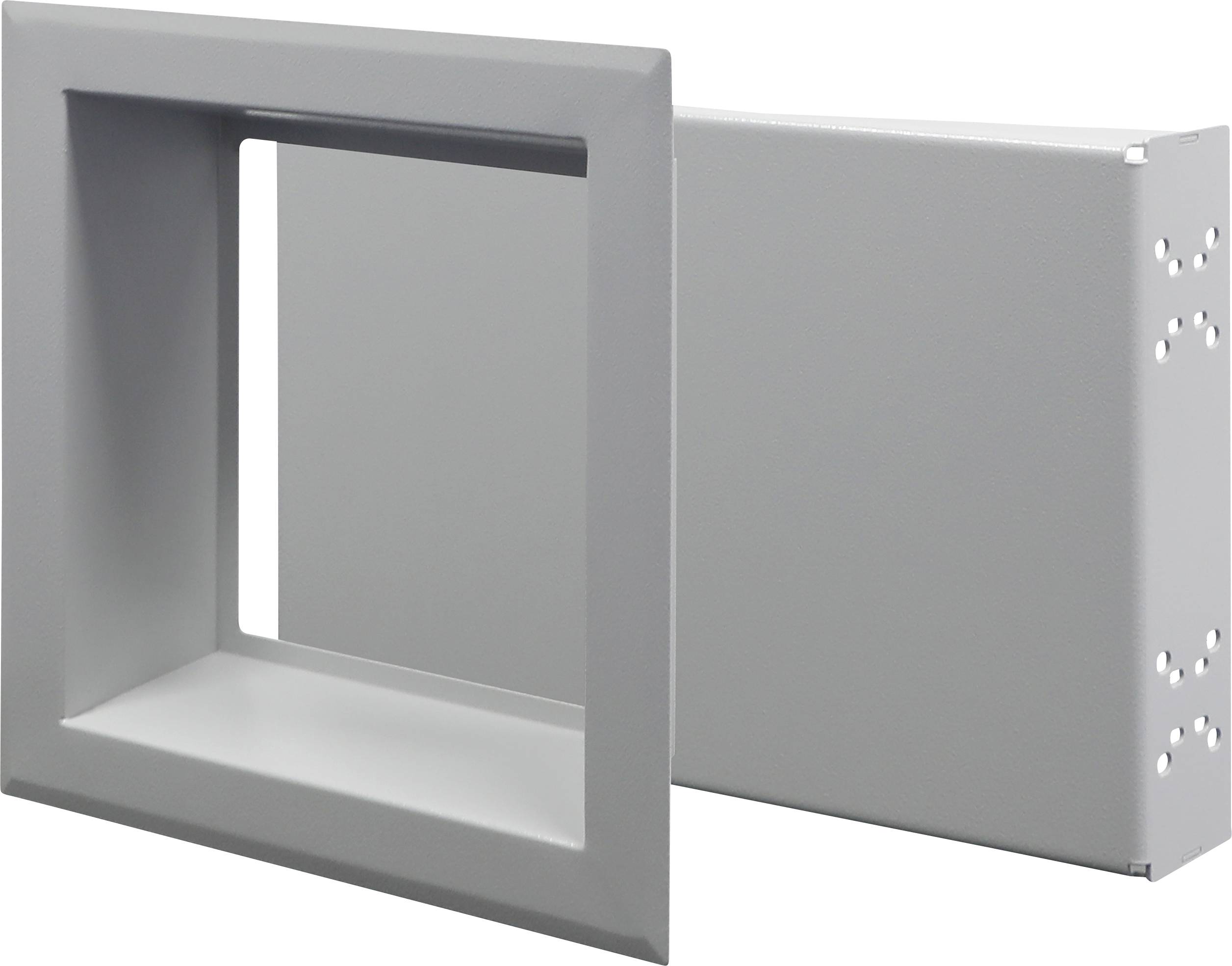 Un cadre rectangulaire gris en métal avec un panneau arrière amovible, probablement partie d'un boîtier ou d'un système de panneaux.