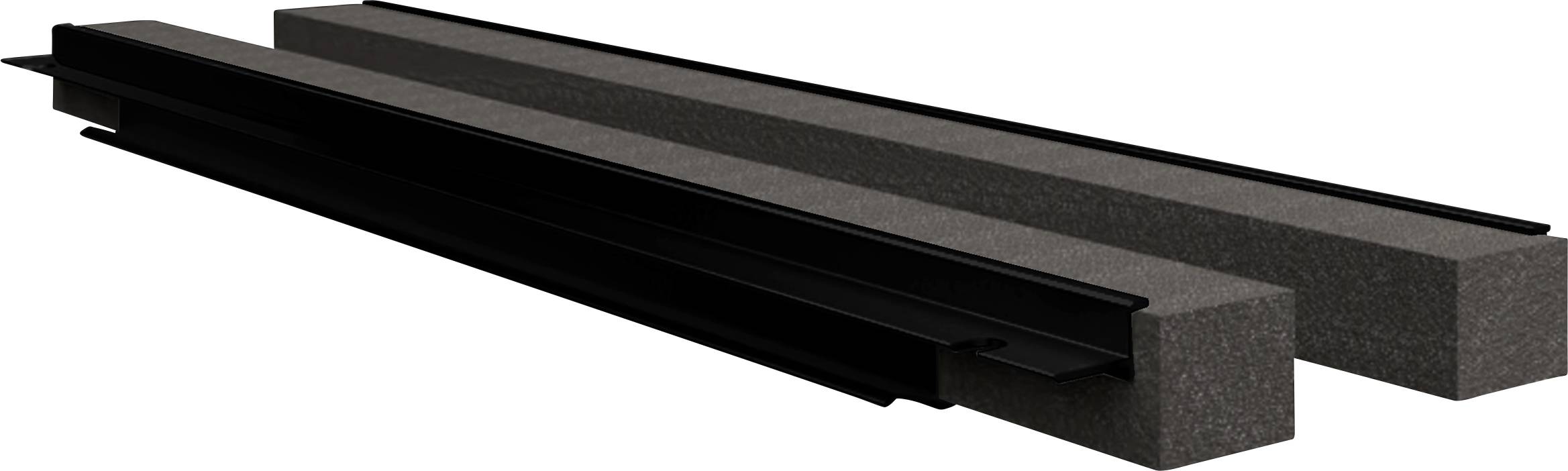 Deux longs profils métalliques rectangulaires noirs sur des supports rectangulaires gris, présentés en suspension.