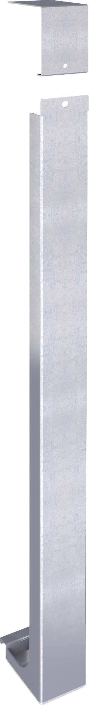 Profilé métallique en U de couleur gris clair, composé d'une longue pièce étroite avec une pièce de couverture plus courte en haut.