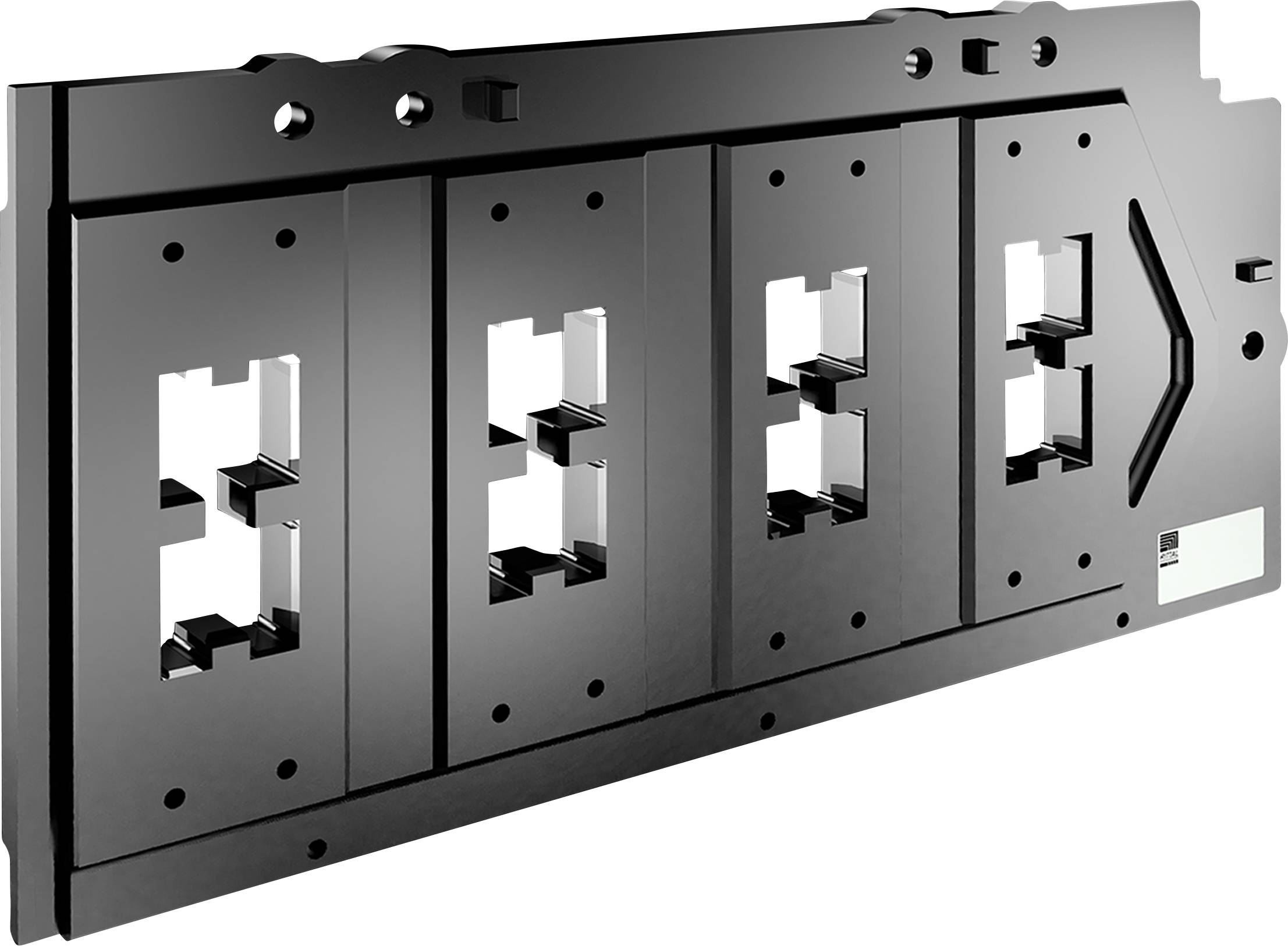 Un composant noir rectangulaire avec plusieurs ouvertures. Il semble s'agir d'un élément technique ou mécanique d'un dispositif.