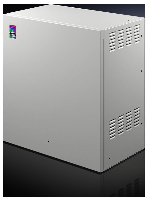 Boîtier métallique de forme rectangulaire avec des fentes de ventilation, adapté pour accueillir des composants ou des appareils électroniques.