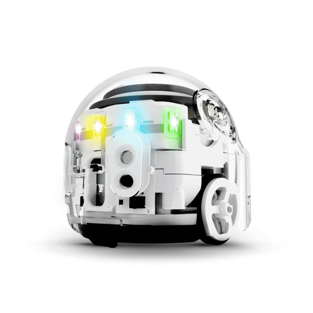 Petit robot programmable avec un boîtier transparent, des LED colorées et des roues. Idéal pour des objectifs pédagogiques en robotique.