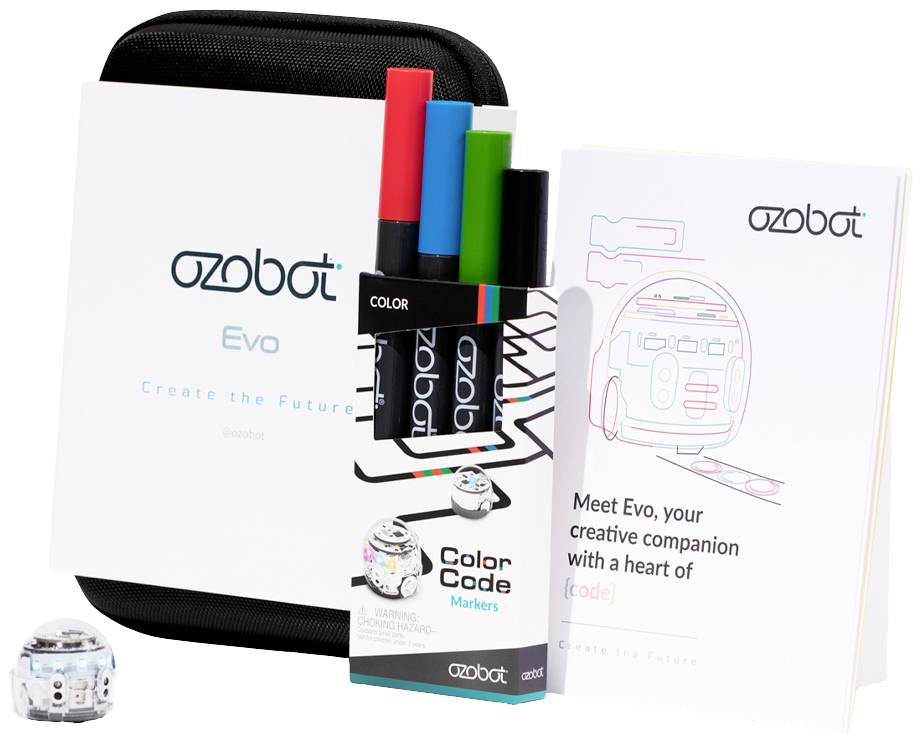 Kit de démarrage robotique avec Ozobot Evo, quatre marqueurs de code couleur et manuel d'instructions, adapté à la programmation et au jeu.