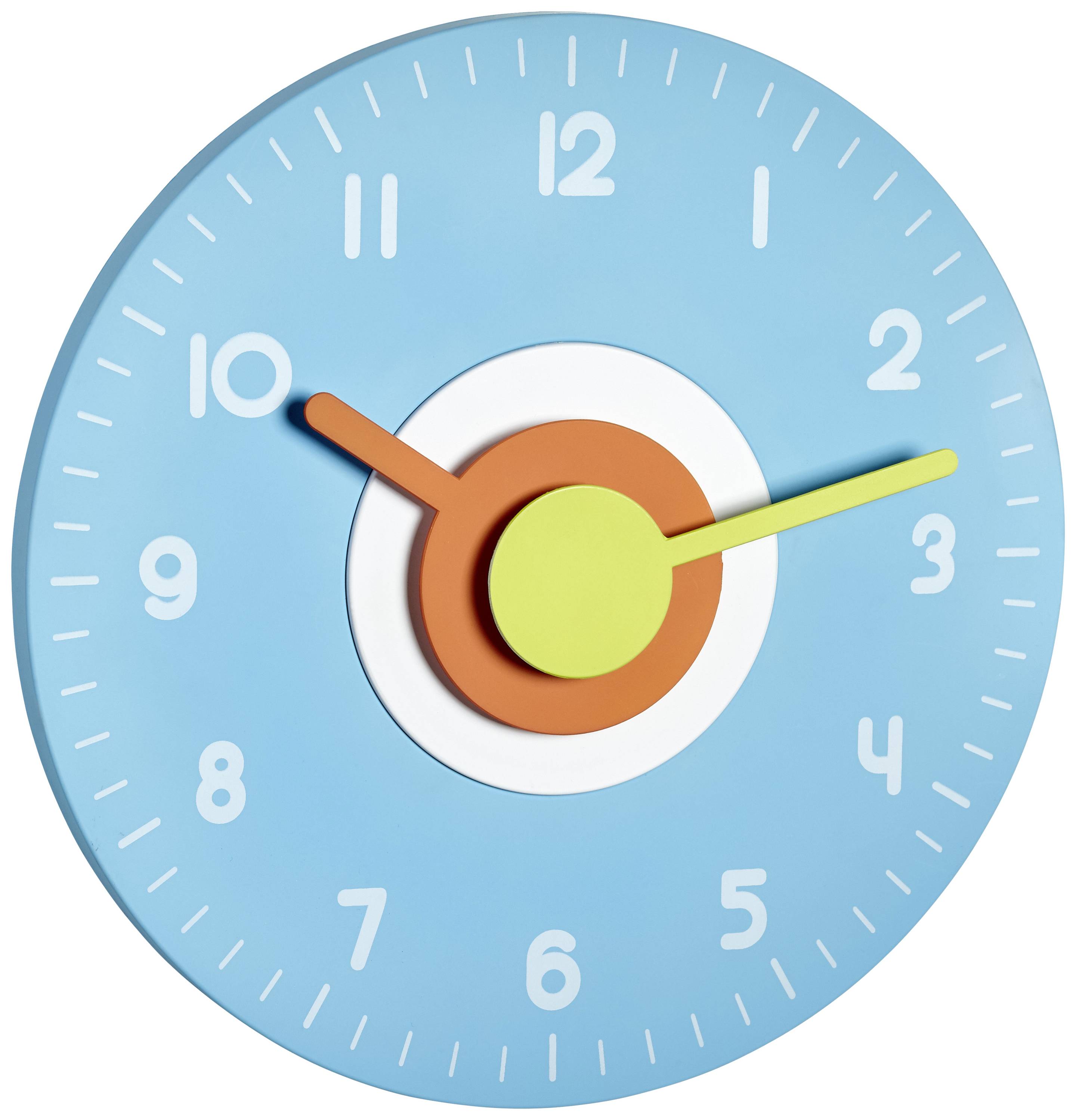 Une horloge colorée avec un cadran bleu et des aiguilles multicolores, indiquant 10:09.