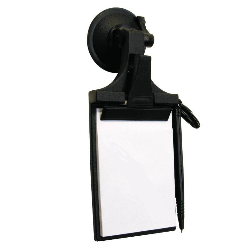 Bloc-notes avec presse-papiers, fixé sur un support à ventouse, un stylo sur le côté. Idéal pour écrire en déplacement.