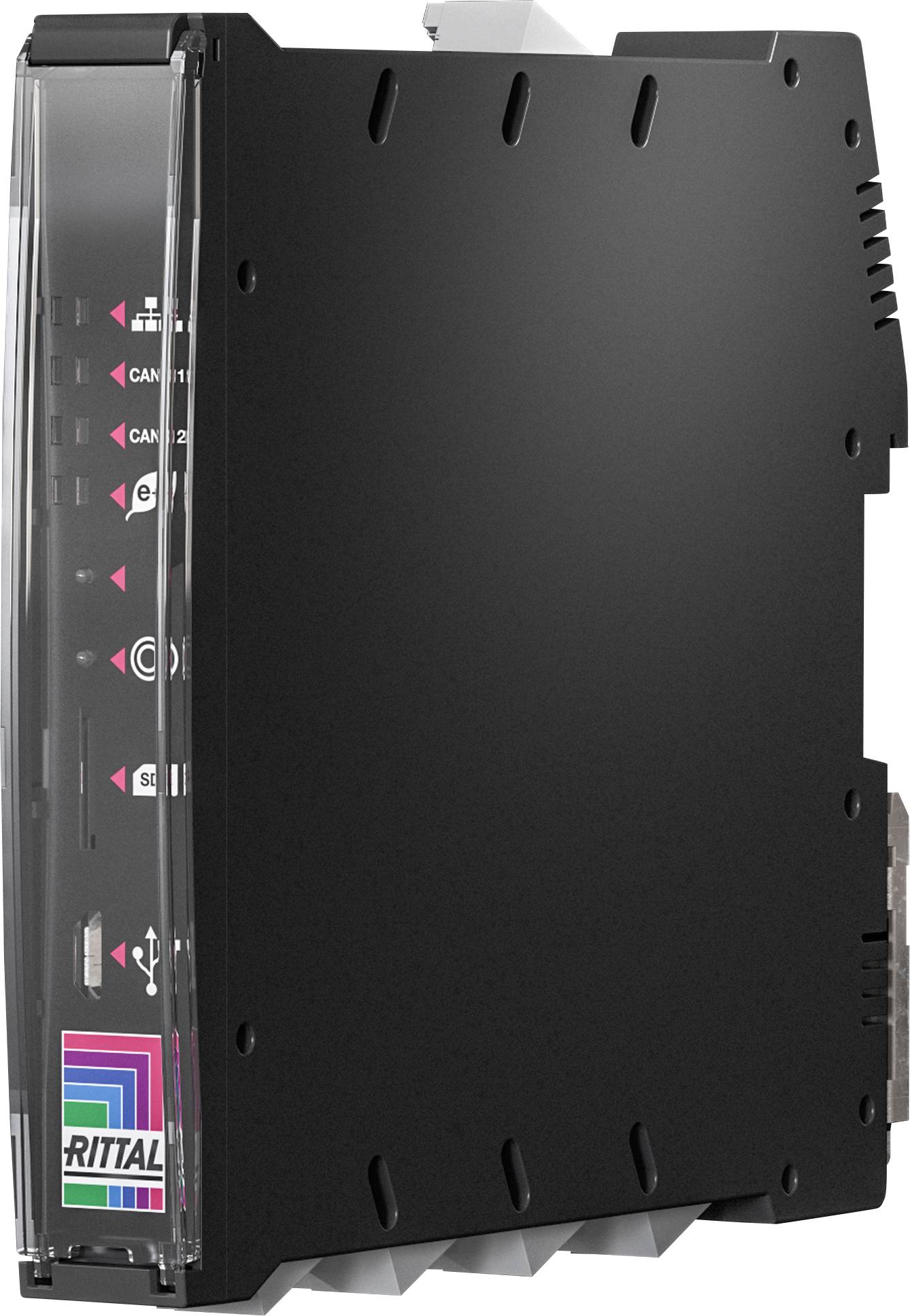 Boîtier électronique noir en position verticale avec logo du fabricant et ports d'interface sur le côté.