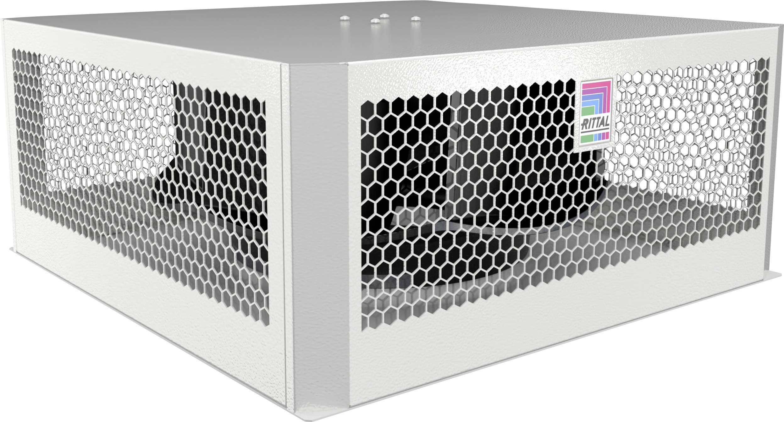 Un boîtier métallique blanc carré avec une grille de ventilation et un logo ; probablement un élément de ventilation.