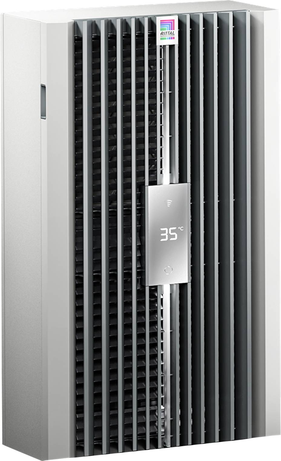 Un climatiseur blanc fixé au mur, affichant une température de 35°C. Design simple et moderne avec des ailettes de ventilation verticales.