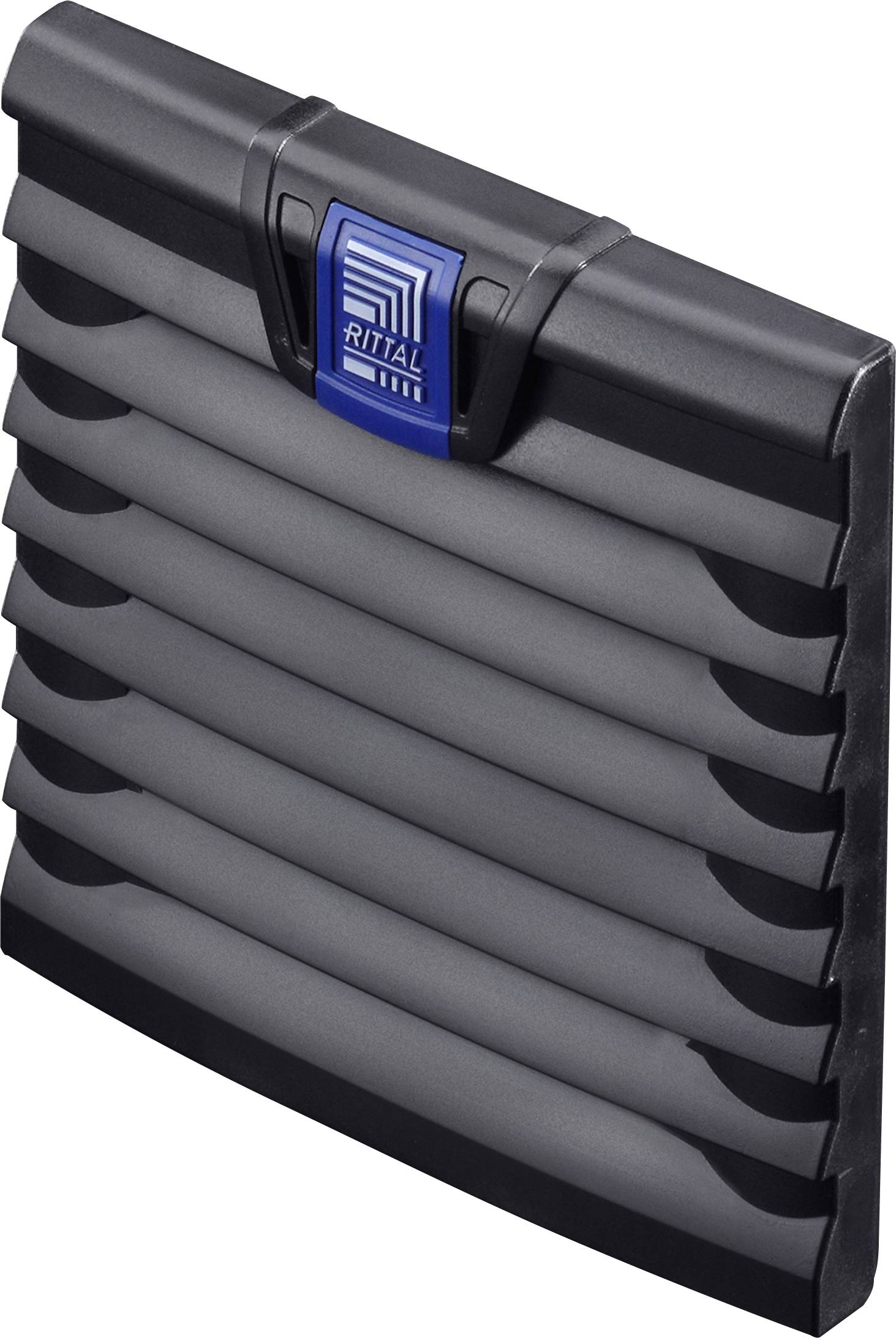 Grille de ventilation grise, rectangulaire, à rainures, avec logo bleu, adaptée aux applications industrielles pour la ventilation des armoires électriques.