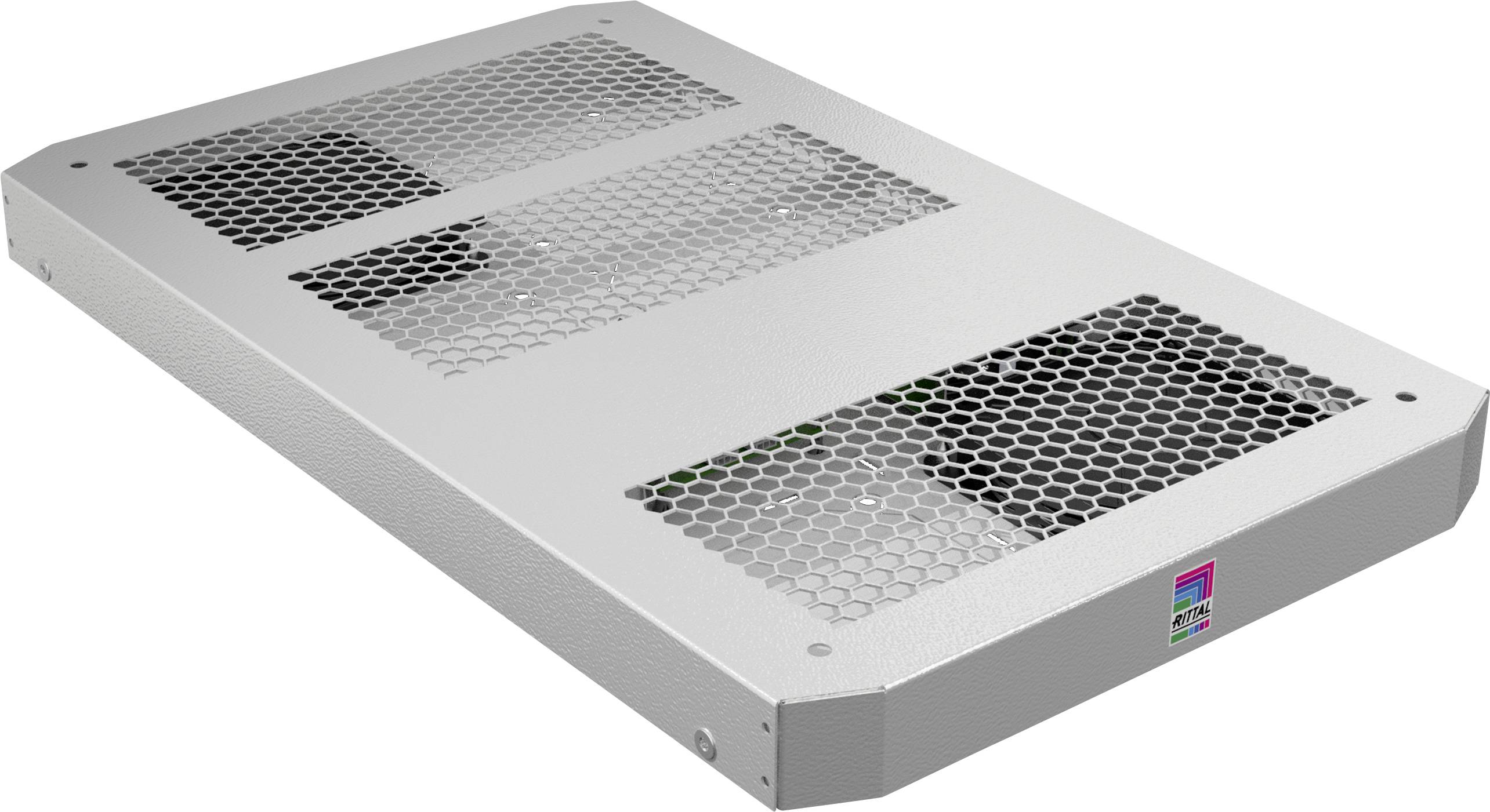 Un couvercle de filtre métallique gris à structure en nid d'abeilles, probablement destiné à une installation de ventilation, repose sur une surface blanche.