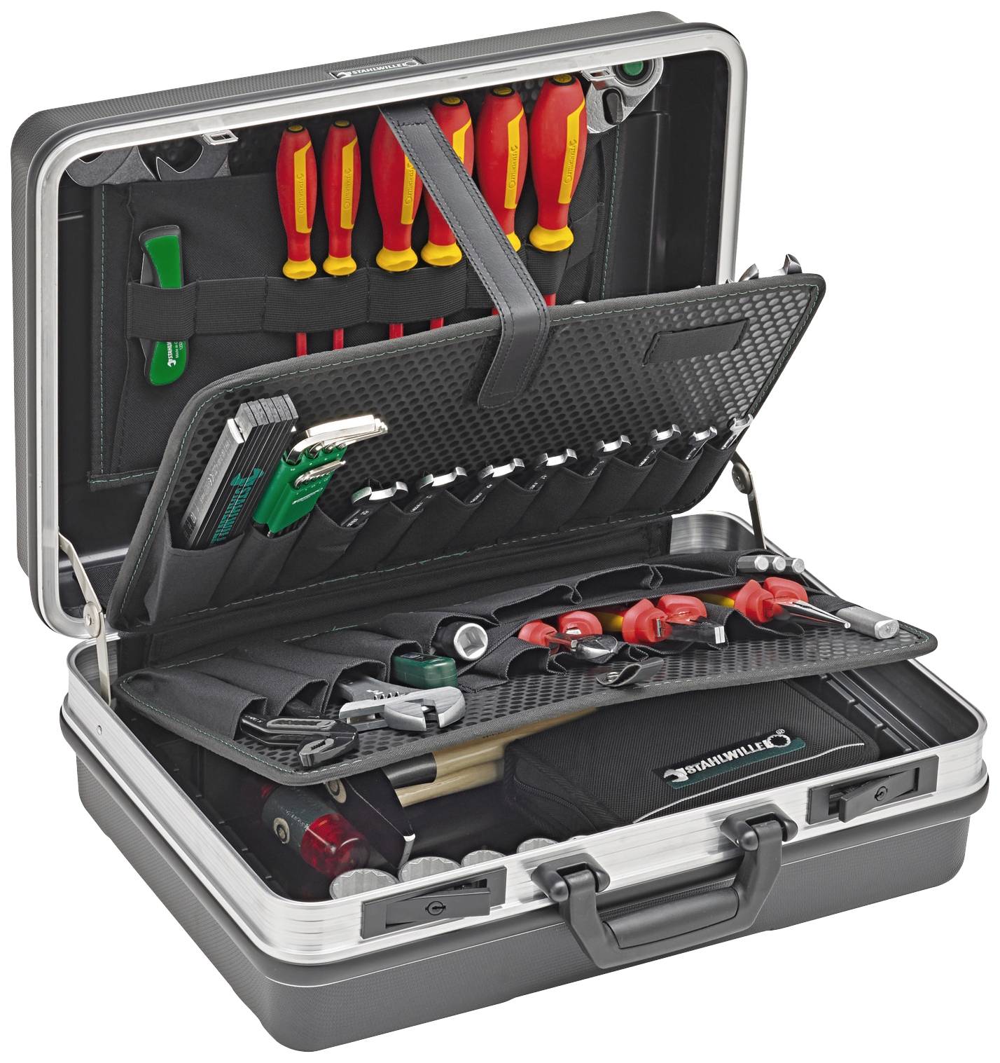 Boîte à outils ouverte contenant divers outils manuels, dont des tournevis et des pinces, soigneusement rangés dans des compartiments.
