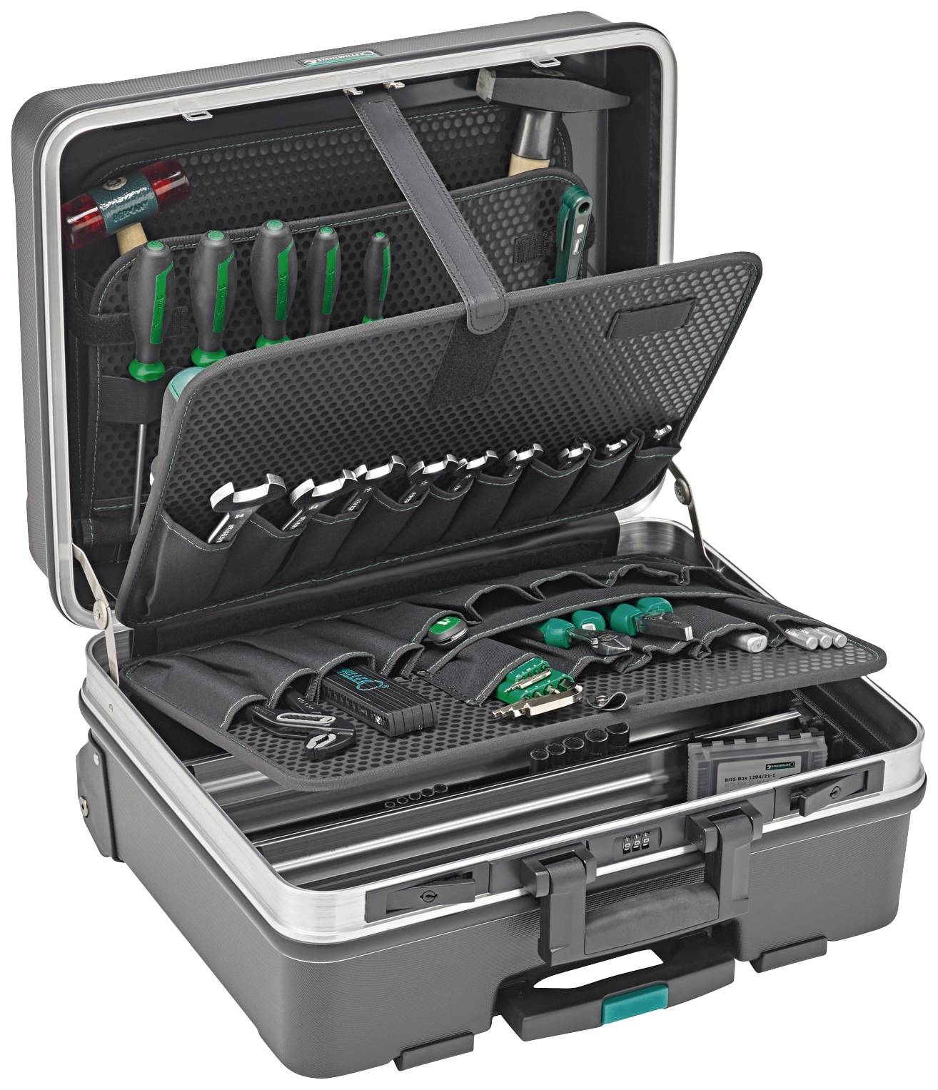 Une boîte à outils ouverte contenant divers outils tels que des tournevis, un marteau et des pinces, bien organisés dans des compartiments.