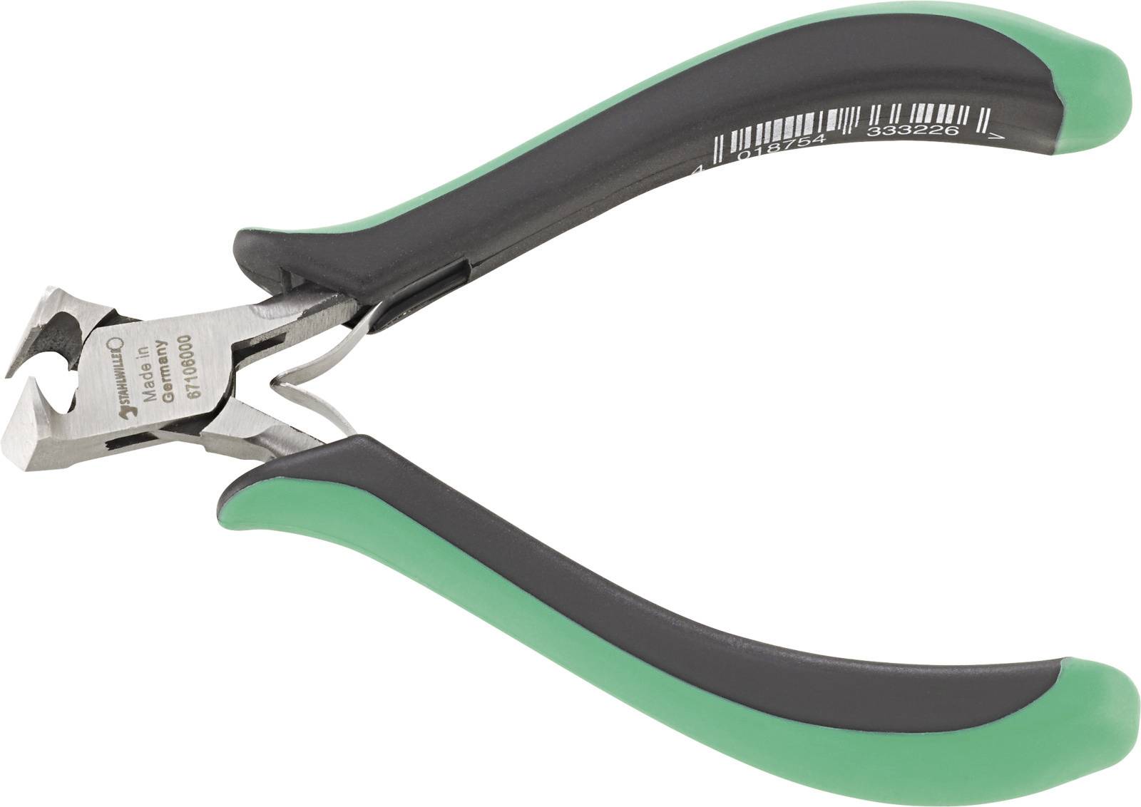 Pince coupante avec poignées vertes et noires. Outil utilisé pour couper des fils métalliques.