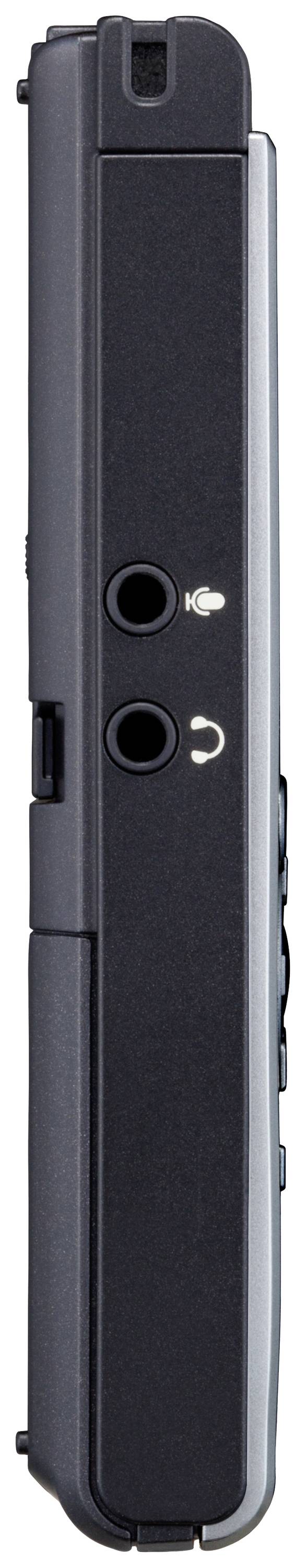 Vue latérale d'un appareil portable noir fermé avec des connexions en haut, telles que des prises casque et des interrupteurs.