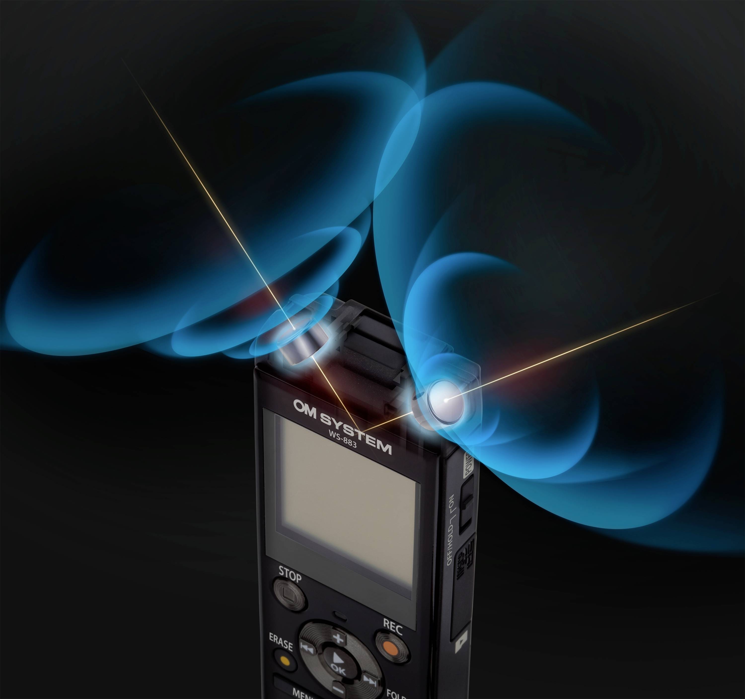 Enregistreur audio portable avec deux microphones et des ondes graphiques bleues représentant le flux sonore.