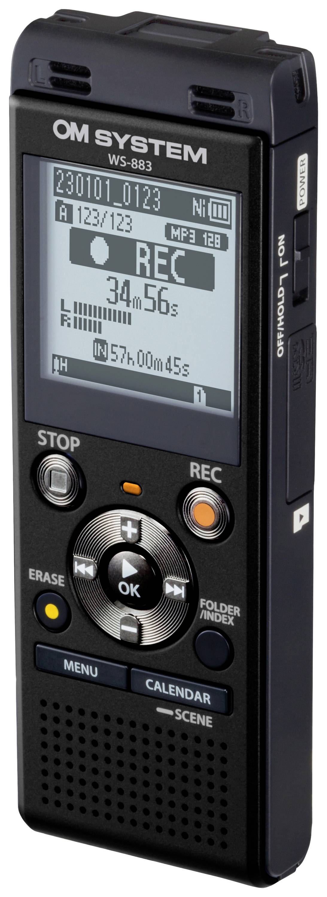 Dictaphone OM System avec affichage, indication du temps d'enregistrement et touches de commande.