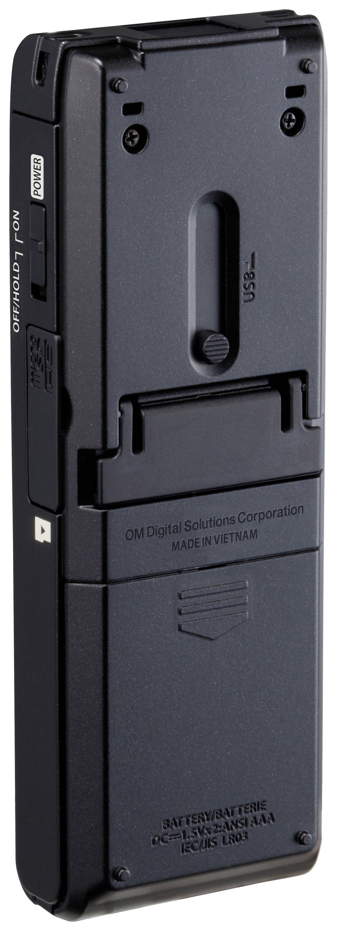 Un dictaphone noir avec des touches sur le côté et des options de connexion, adapté pour les enregistrements audio en déplacement.