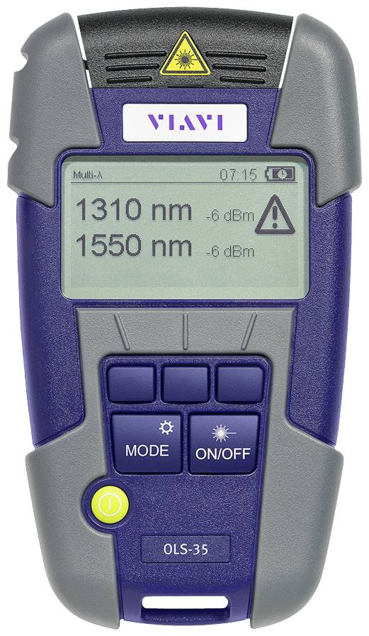 Un appareil portable affiche sur son écran deux longueurs d'onde '1310 nm' et '1550 nm', ainsi que -6 dBm. En bas se trouvent des touches de mode et de mise en marche/arrêt.