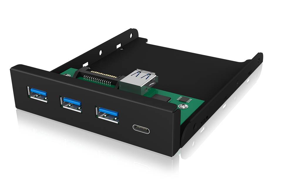 Panneau avant USB 3.0 avec quatre ports, dont un port USB-C. Il est noir et conçu pour être installé dans des boîtiers d'ordinateur.