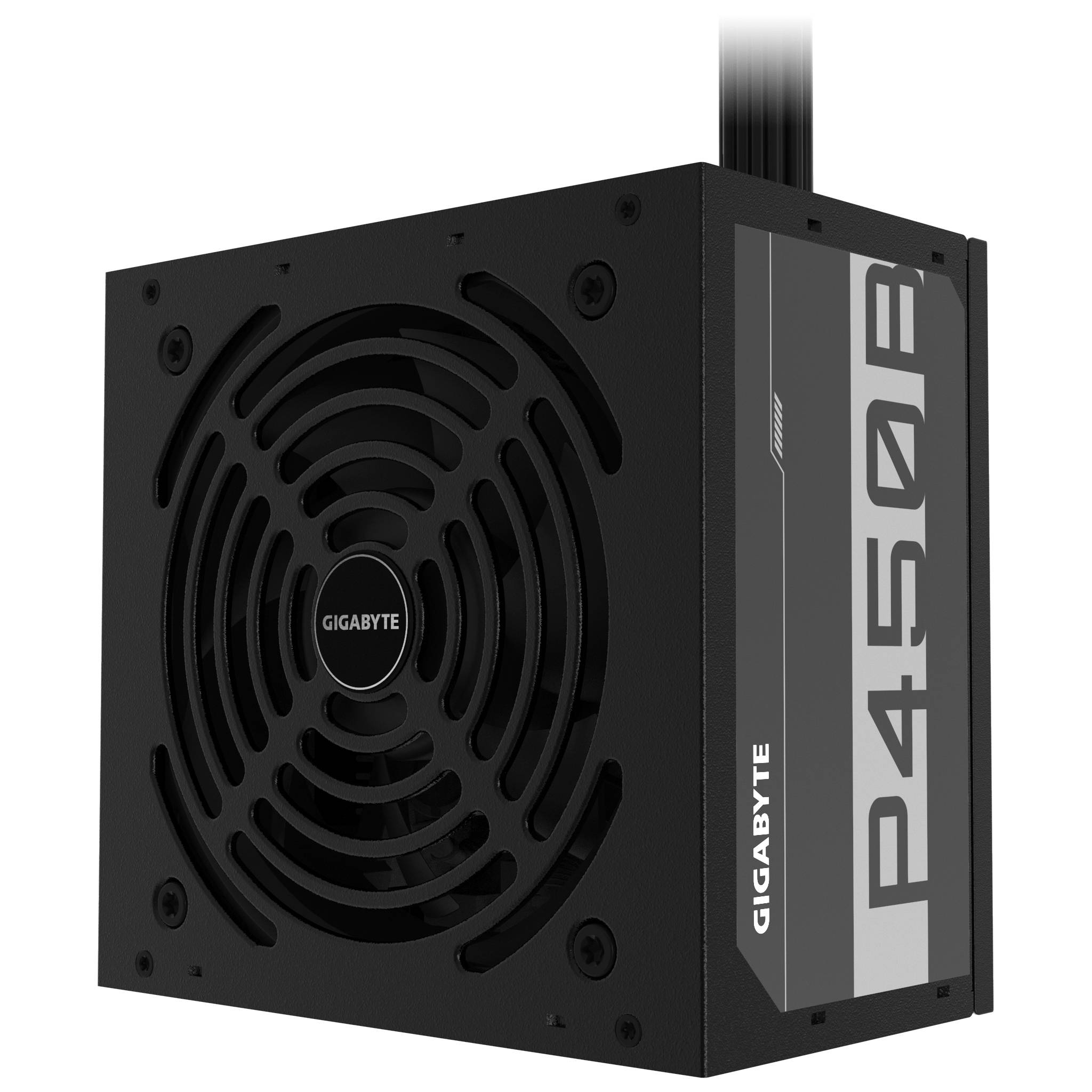 Un bloc d'alimentation PC noir de Gigabyte avec le nom de modèle 'P450B' sur le côté, grille de ventilateur visible à l'avant.
