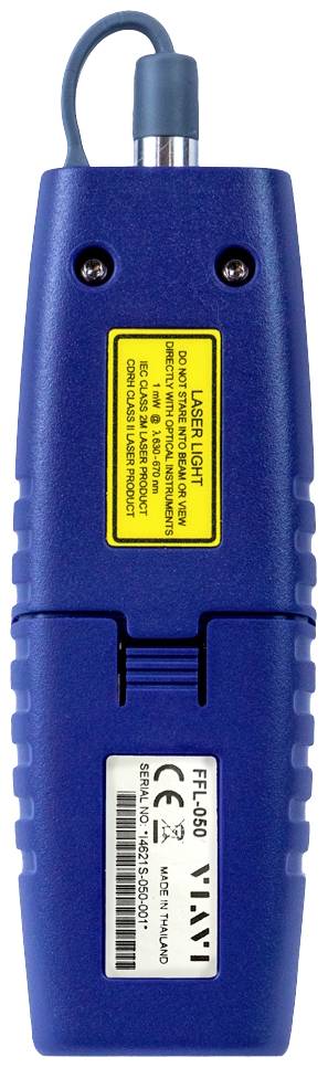 Un appareil de mesure portable bleu avec un avertissement jaune concernant les rayonnements laser et un marquage CE.