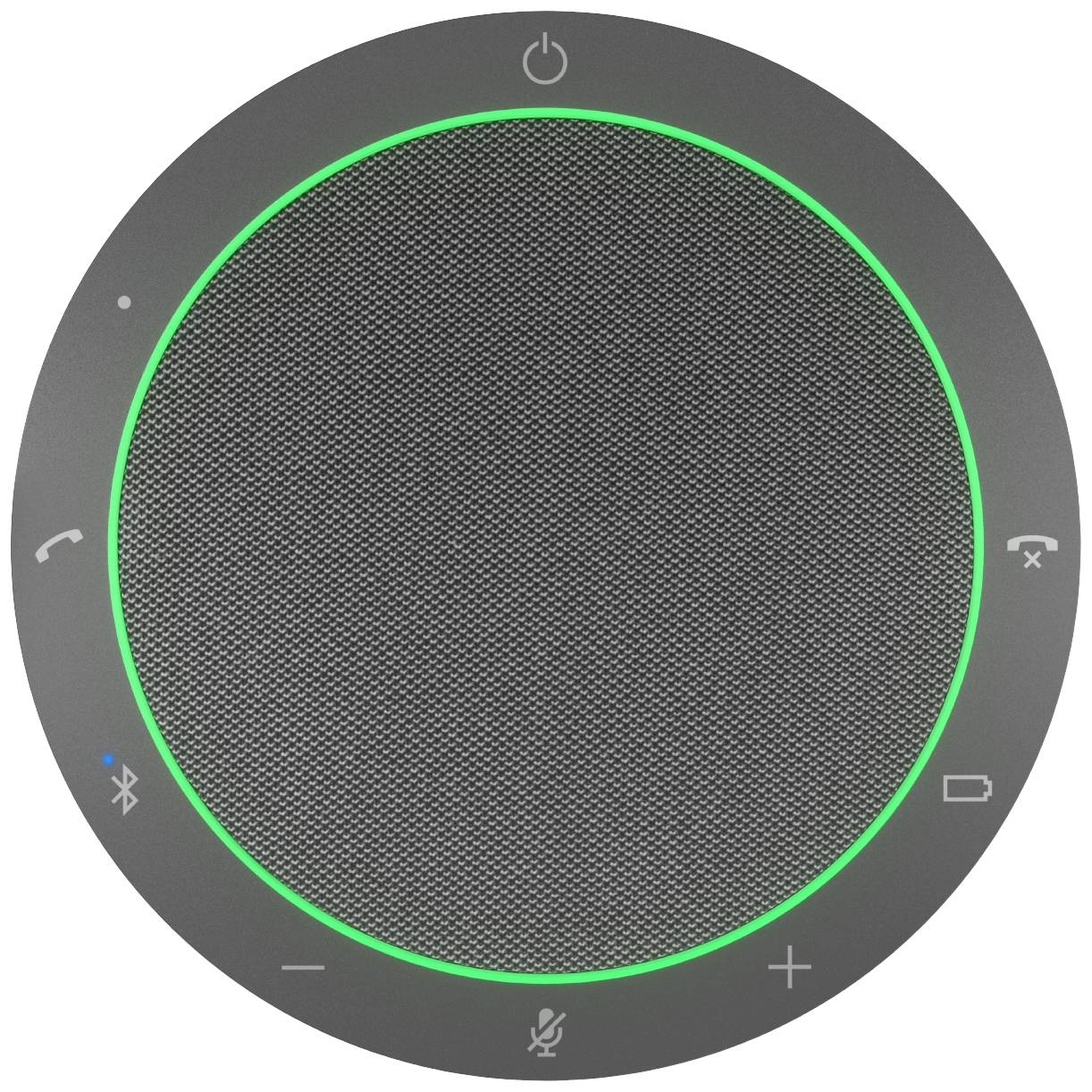 Un dispositif de haut-parleur de conférence rond avec un indicateur LED vert. Contient des symboles d'appel téléphonique, Bluetooth, un contrôle de volume et un microphone.