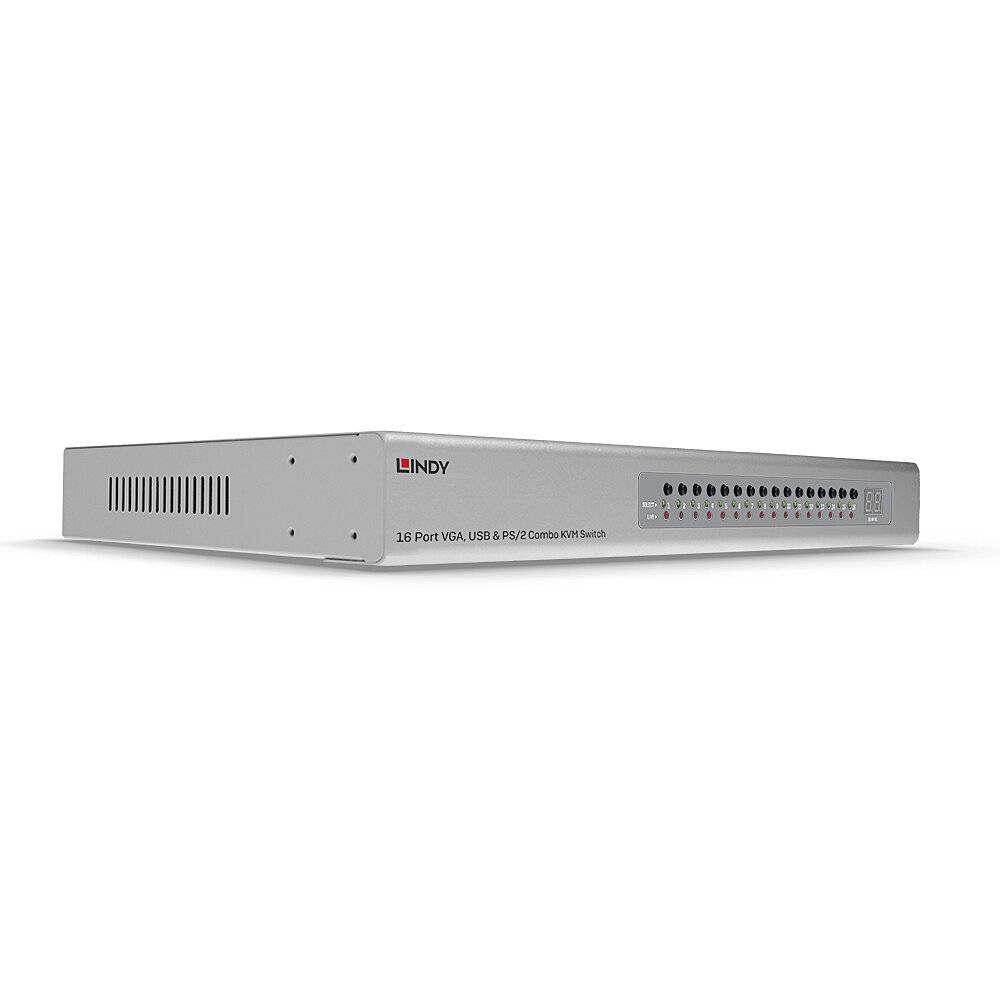 Un commutateur KVM USB VGA argenté à 16 ports. La face avant présente des ports numérotés et des voyants LED pour indiquer l'état des connexions.