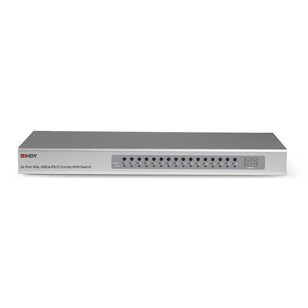 Un commutateur KVM argenté avec 16 ports VGA et PS/2, adapté pour contrôler simultanément plusieurs ordinateurs depuis un seul poste de travail.