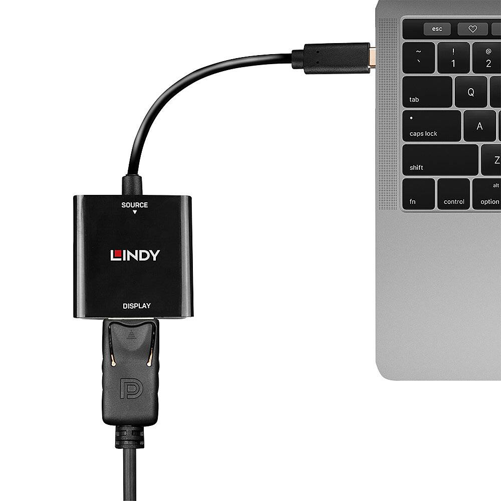 Adaptateur USB-C vers DisplayPort qui relie un MacBook à un câble DisplayPort. Adaptateur de Lindy, montrant la connexion PC.