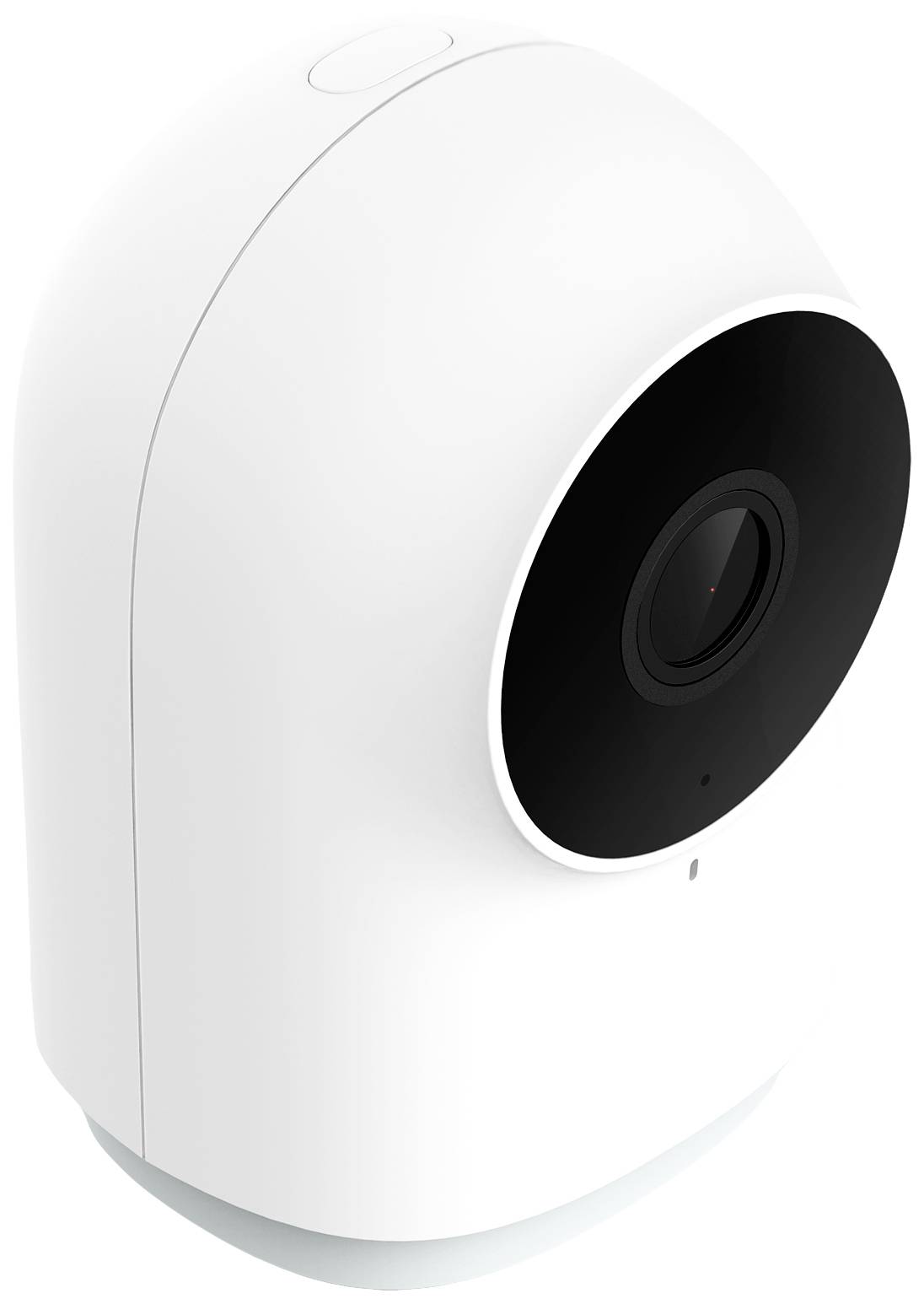 Caméra de surveillance blanche avec objectif noir, au design moderne et arrondi. Idéale pour la surveillance de sécurité intérieure.