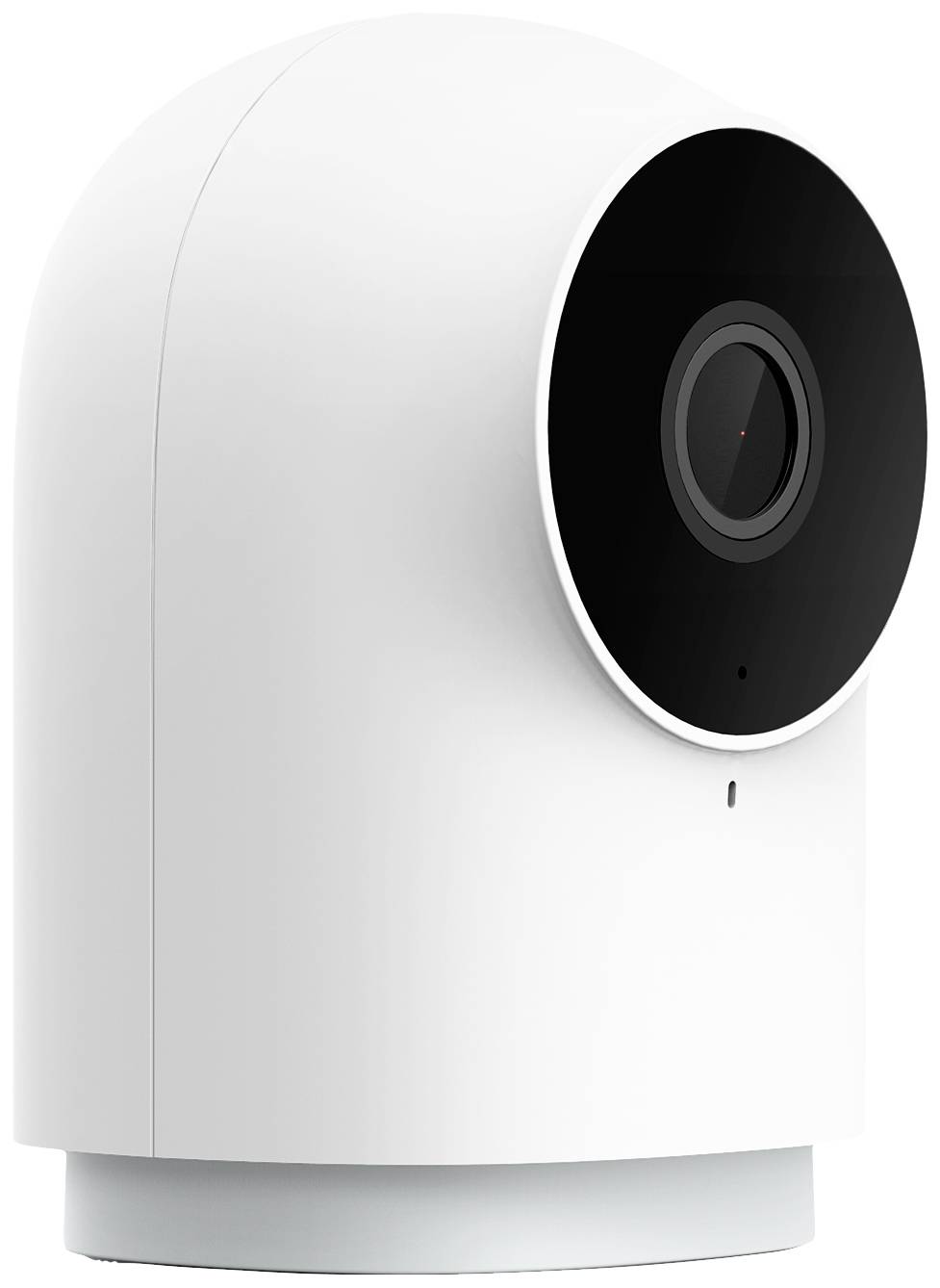 Caméra de sécurité blanche avec objectif circulaire, inclinée vers l'avant. Adaptée pour la surveillance intérieure.