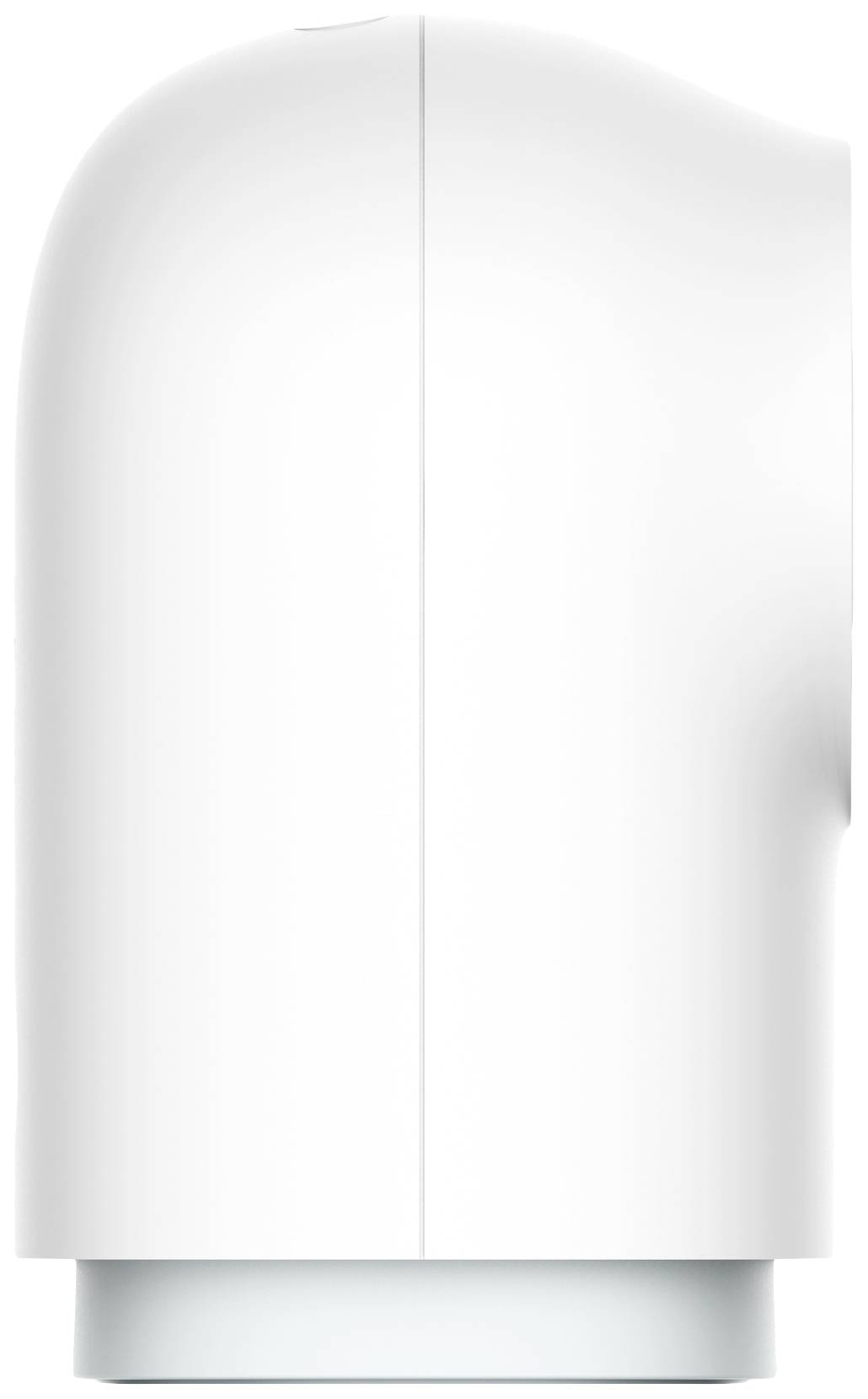 Un appareil électroménager blanc et incurvé à surface lisse, avec un socle court et rectangulaire, vu de côté.