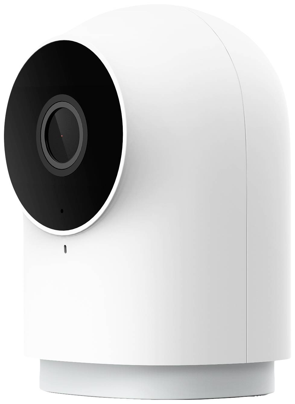 Caméra de surveillance blanche au design rond avec facade noire, objectif centré, adaptée aux espaces intérieurs.