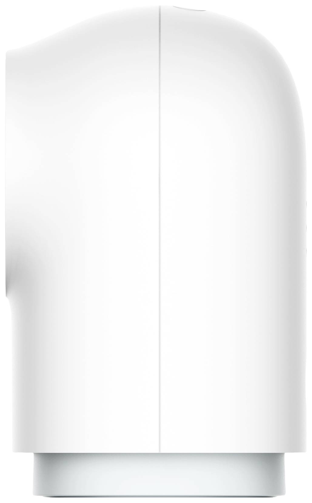 Un appareil blanc, cylindrique, à la surface lisse et au design arrondi, vu de profil.