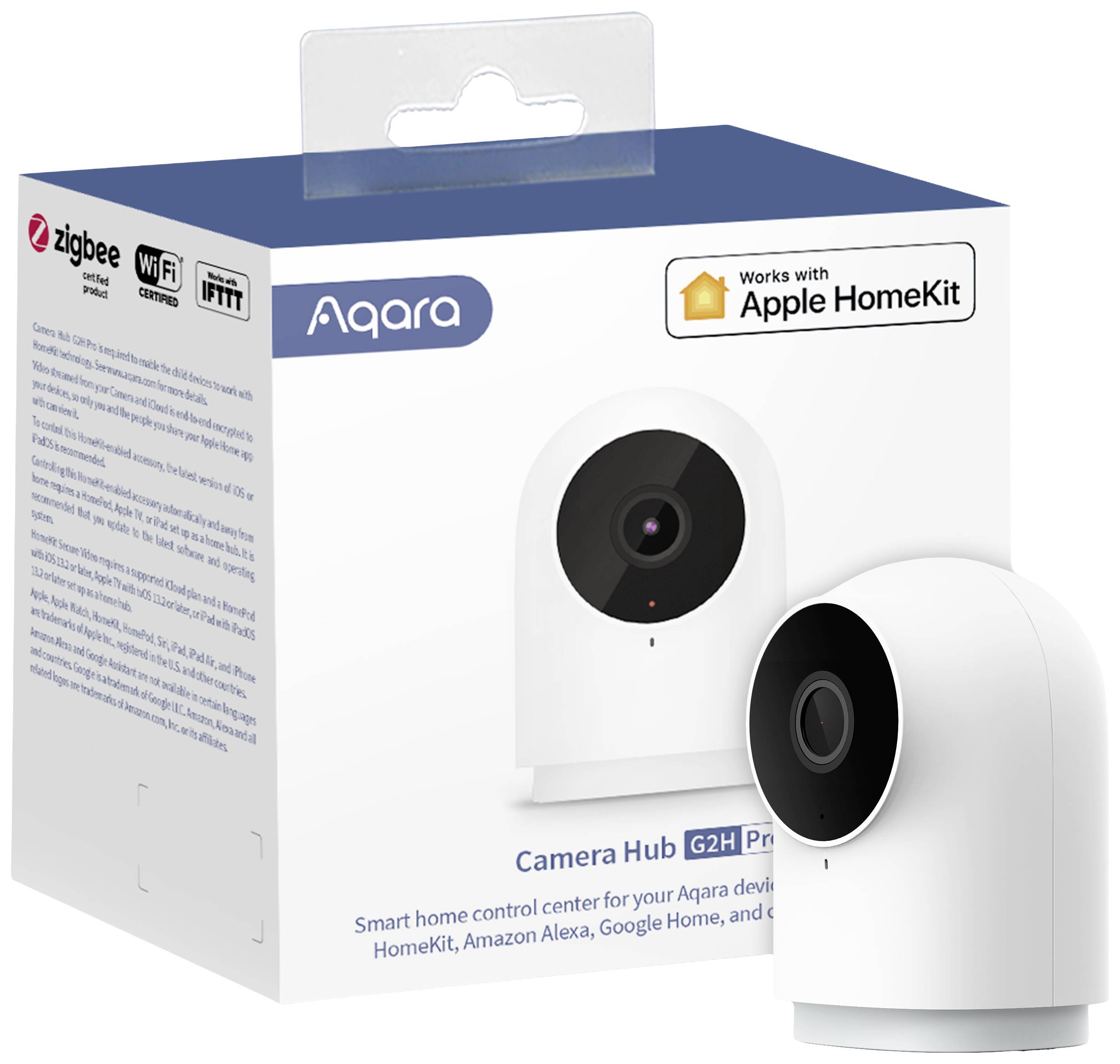Une caméra Aqara blanche avec son emballage. L'emballage présente des logos pour Zigbee, WiFi et la compatibilité Apple HomeKit.