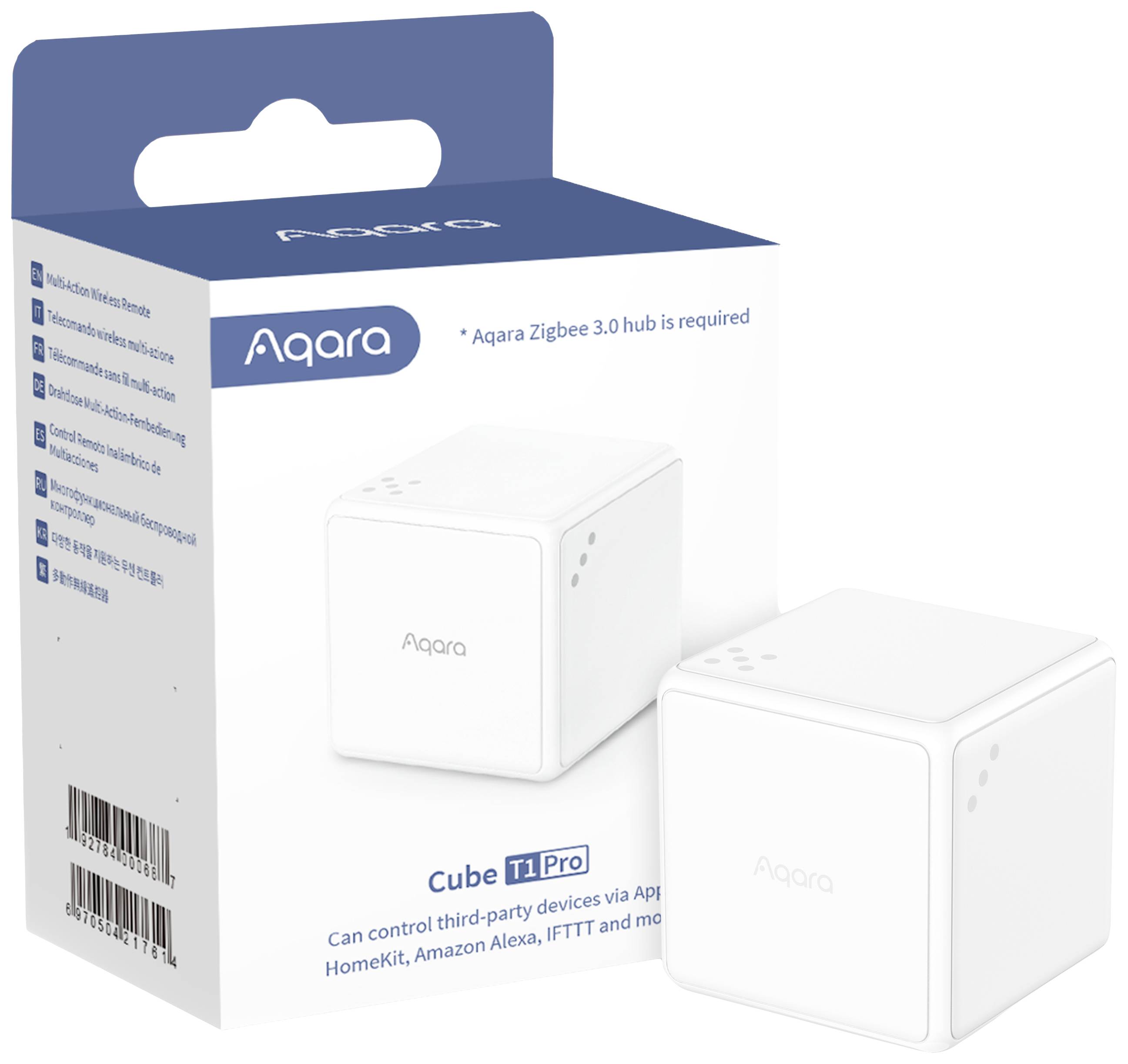 Emballage du 'Aqara Cube T1 Pro'. Un cube blanc pour le contrôle des appareils domotiques. Nécessite un hub Zigbee 3.0.