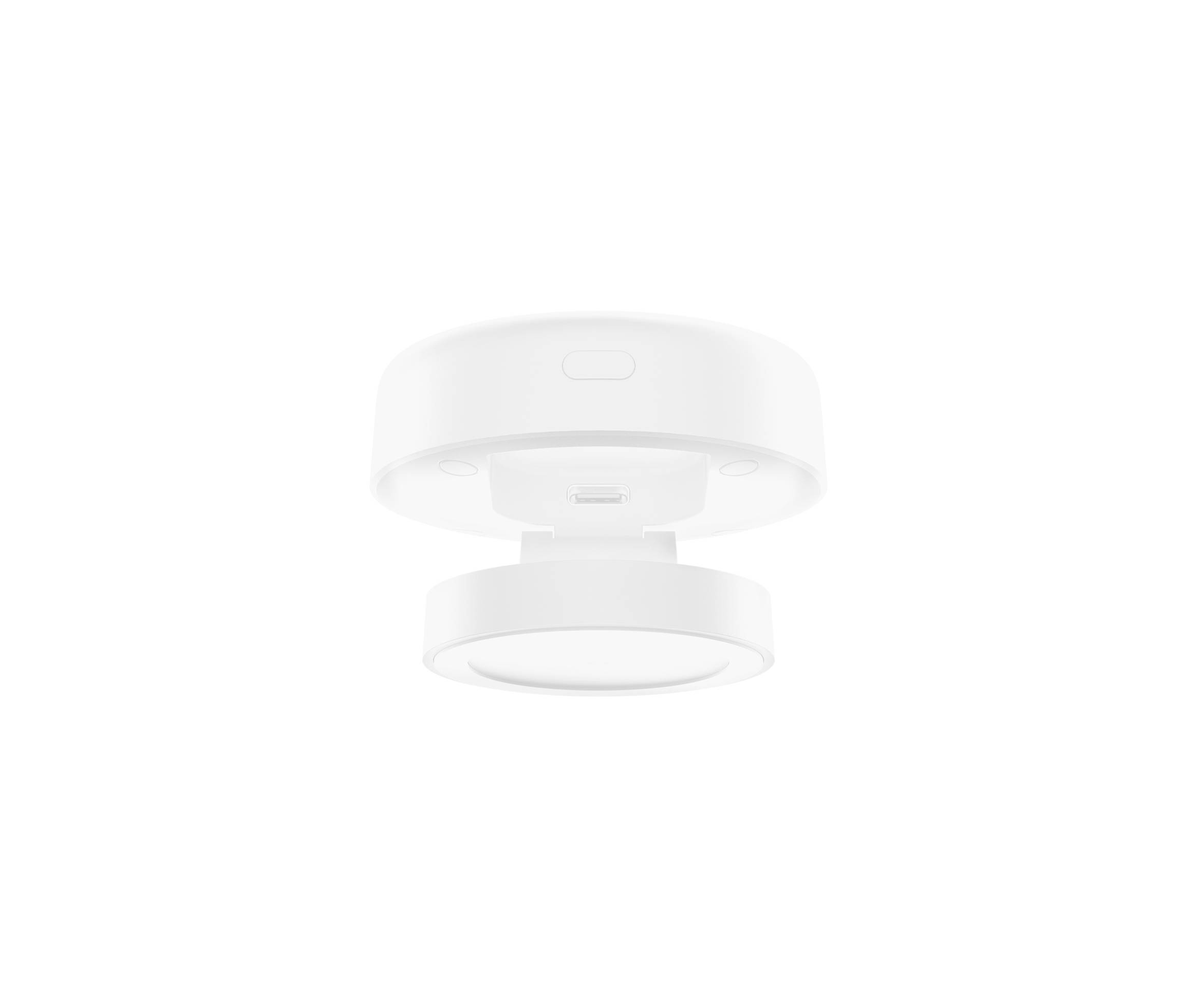 Un éclairage LED blanc, rond, avec un design plat et discoïdal, maintenu par un support circulaire.
