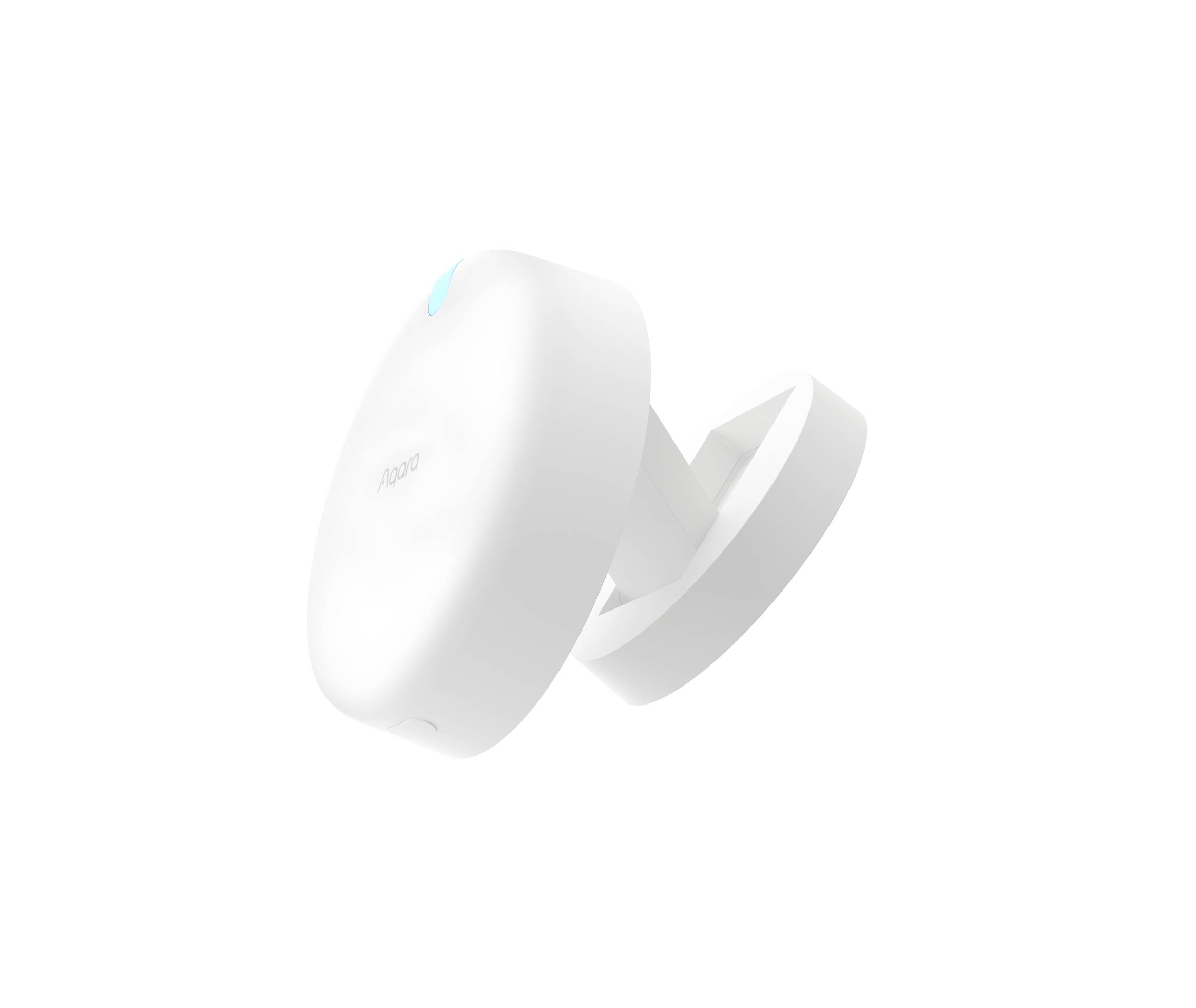 Un capteur blanc et rond d'Aqara, signalant sa présence par une petite lumière bleue. Le capteur est monté sur un support réglable.